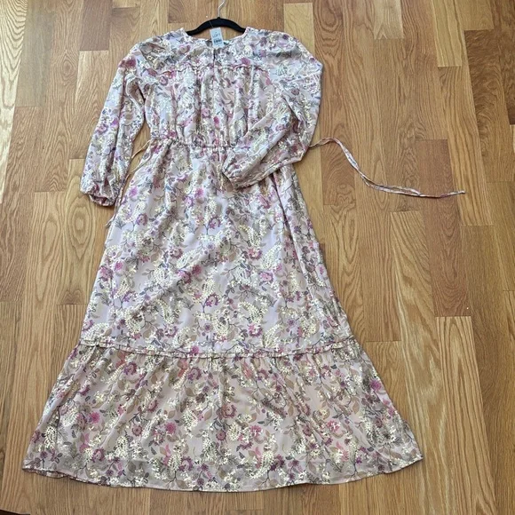 Loft long sleeve maxi dress nwt gold pink wedding guest, holiday